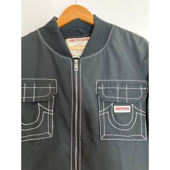 True Religion Mens Quilted Bomber Jacket 2XL Black With Contrast Thick Stitch - Picture 2 of 10